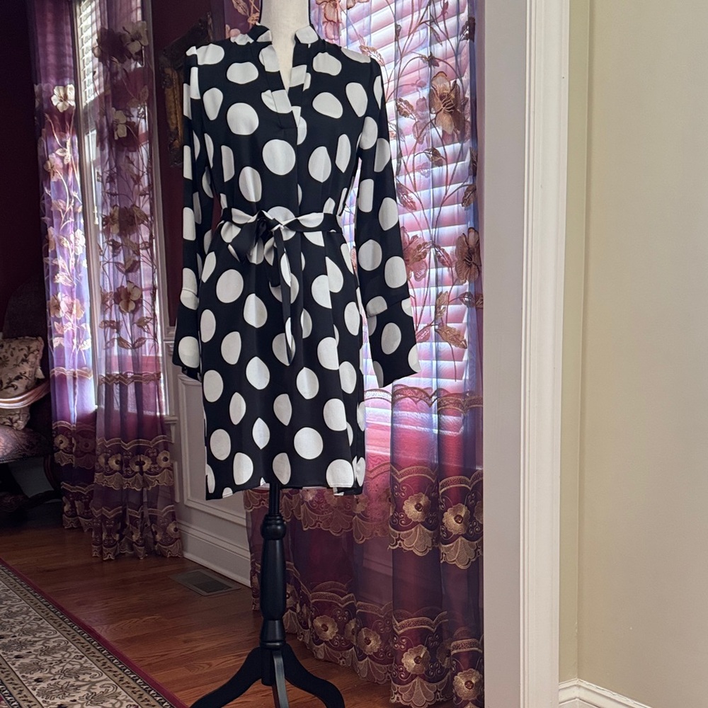 NWOT Ann Taylor Black & White Polka Dot Tie-Waist Dress